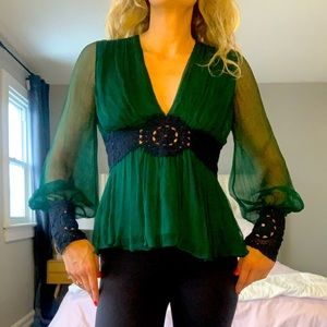 BCBG 100% silk blouse with navy crochet cuffs and middle